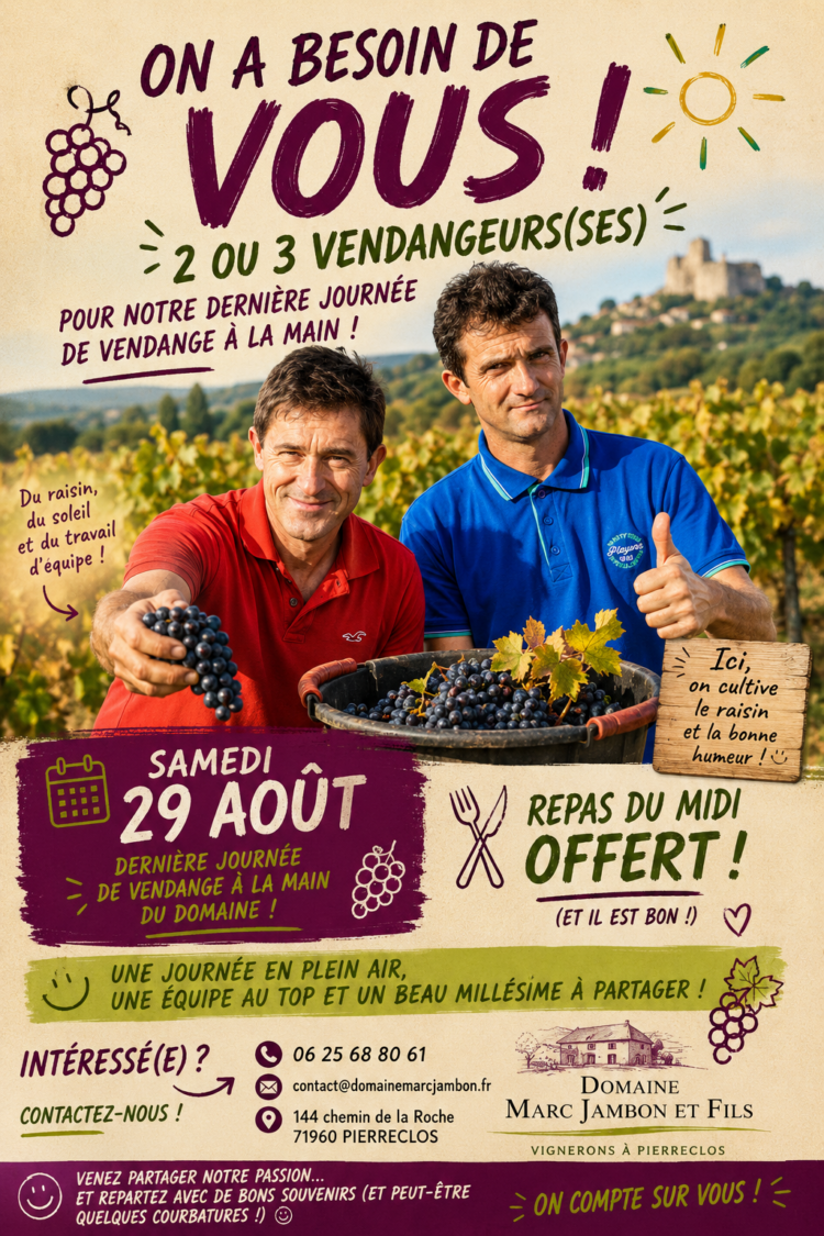 Recherche Vendangeurs pour la Journée de vendanges du 28 août 2026